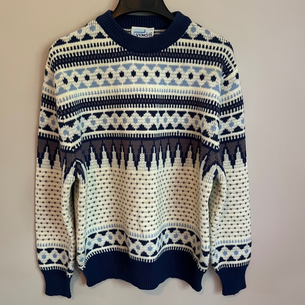 Vintage Snowdrift Fair Isle Nordic Knit Sweater Blue Cream Crew Neck L Aprés Ski